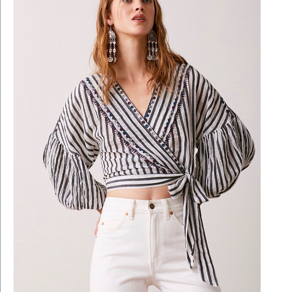Free People Black and White Striped Wrap Top